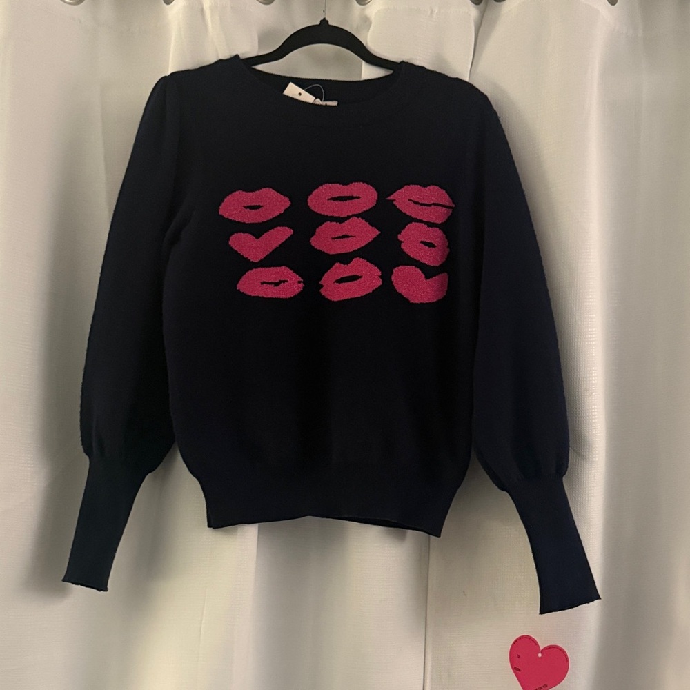 NWT Women's Navy Sweater with Pink Lip Design